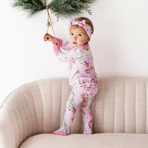 Baby Kids Bamboo Pajamas — Merry Little Pinkmas Ruffle Footie — Image 17