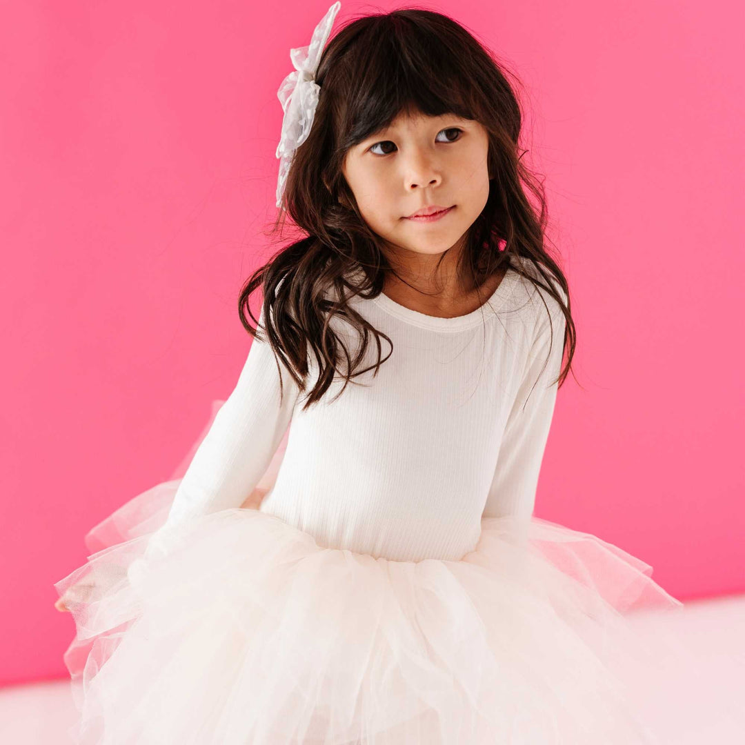 Ivory Ribbed Tulle Tutu Dress - Long Sleeves