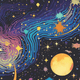 Colorful cosmic design featuring stars and a moon