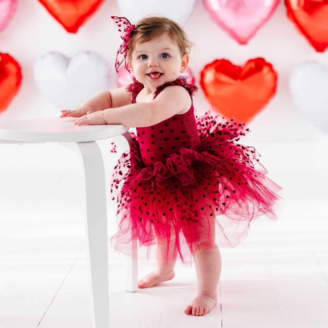 Bums & Roses Crimson Heart Tulle Tutu Dress, Hypoallergenic & Antibacterial Bamboo Fabric, 2T