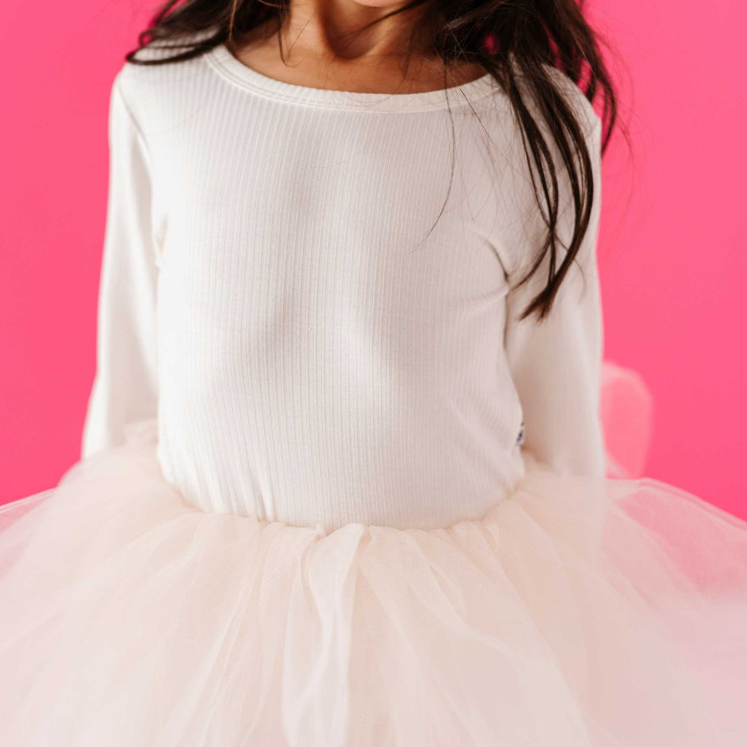 Ivory Ribbed Tulle Tutu Dress - Long Sleeves
