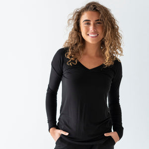 Bums & Roses - Baby & Kids Bamboo Pajamas - Black Women's V-Neck Long Sleeve Shirt - Image 1