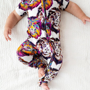 Bums & Roses - Baby & Kids Bamboo Pajamas - I Ain't Lion Zip Romper - Short Sleeves - Image 1