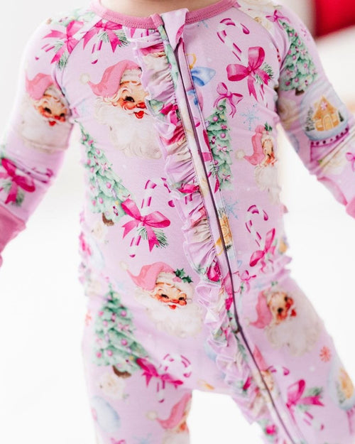 Baby Kids Bamboo Pajamas — Merry Little Pinkmas Convertible Ruffle Romper — Image 1