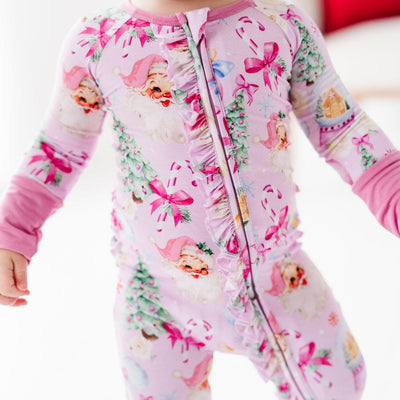 Bums & Roses - Baby & Kids Bamboo Pajamas - Merry Little Pinkmas Convertible Ruffle Romper - Image 1