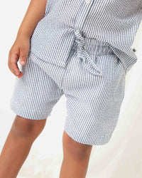 Baby Kids Bamboo Pajamas — Blue Seersucker Shorts — Image 1