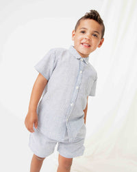 Baby Kids Bamboo Pajamas — Blue Seersucker Boys Short Sleeve Shirt — Image 1