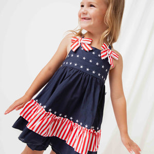 Baby Kids Bamboo Pajamas — Stars & Stripes Tiered Dress — Image 1