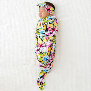 Bums & Roses - Baby & Kids Bamboo Pajamas - Flutter Away Swaddle Headwrap Set - Image 1