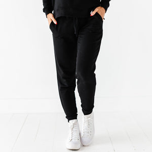 Baby Kids Bamboo Pajamas — Black Mama Jogger Sweatpants — Image 1