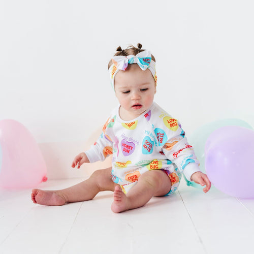 Sweethearts® Colorful Candy Hearts Sweatshirt Bubble Romper - Image 3 - Bums & Roses