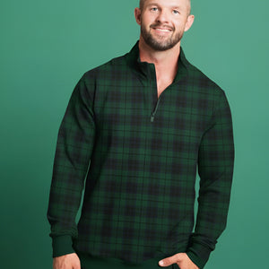 Baby Kids Bamboo Pajamas — Plaid Tidings Men's 1/4 Zip Pullover Sweatshirt — Image 1