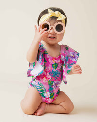 Baby Kids Bamboo Pajamas — Aloha, Beaches Ruffle Sleeve One Piece Swimsuit — Image 1