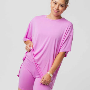 Baby Kids Bamboo Pajamas — Pencil Pink Women's Oversized T-Shirt & Biker Shorts Set — Image 3
