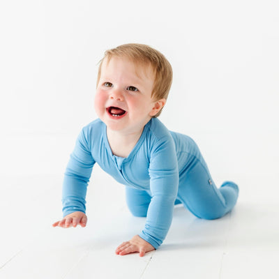 Baby Kids Bamboo Pajamas — Baby Blue Long Sleeve Footie — Image 1