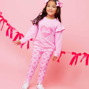 Baby Kids Bamboo Pajamas — Barbie™ Bowtique Ruffle Sleeve Crew Neck & Jogger Set — Image 1