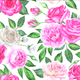 Floral pattern featuring pink and white roses with green leaves.