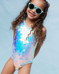 Baby Kids Bamboo Pajamas — Blue Sparkle Sequin One-Piece Swimsuit — Image 1
