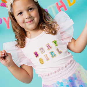 Baby Kids Bamboo Pajamas — Pink Birthday Girl Flutter Sleeve Top — Image 1
