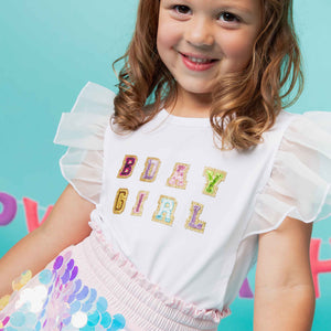 Baby Kids Bamboo Pajamas — White Birthday Girl Flutter Sleeve Top — Image 1