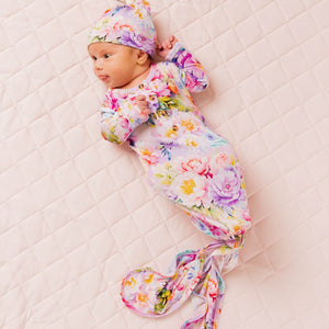 Baby Kids Bamboo Pajamas — Bloom Service Knotted Gown & Beanie Set — Image 1