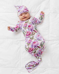 Baby Kids Bamboo Pajamas — Blooming Peotential Knotted Gown & Beanie Set — Image 1