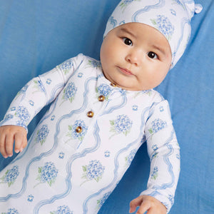 Baby Kids Bamboo Pajamas — Blue-tiful Bloom Knotted Gown & Beanie Set — Image 1