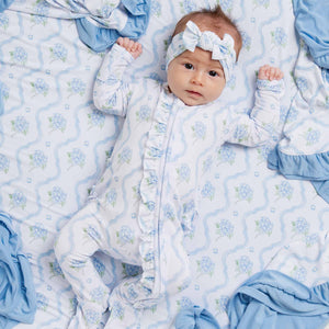 Baby Kids Bamboo Pajamas — Blue-tiful Bloom Ruffle Footie — Image 1