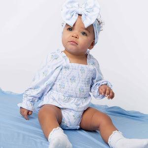 Baby Kids Bamboo Pajamas — Blue-tiful Bloom Smocked Bubble Romper — Image 1