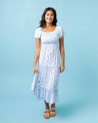 Baby Kids Bamboo Pajamas — Blue-tiful Bloom Women's Puff Sleeve Tiered Maxi Dress — Image 1