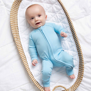 Baby Kids Bamboo Pajamas — Blue Me Away Ribbed Convertible Romper — Image 1