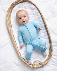 Baby Kids Bamboo Pajamas — Blue Me Away Ribbed Convertible Romper — Image 1