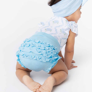 Baby Kids Bamboo Pajamas — Blue Me Away Ruffled Bummies — Image 1