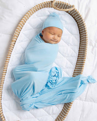 Baby Kids Bamboo Pajamas — Blue Me Away Swaddle & Beanie Set — Image 1