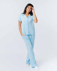Baby Kids Bamboo Pajamas — Blue Me Away Women's Short Sleeve Collar Shirt & Pants Pajama Set — Image 1