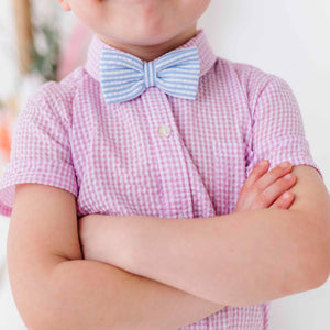 Baby Kids Bamboo Pajamas — Blue Seersucker Bow Tie — Image 1