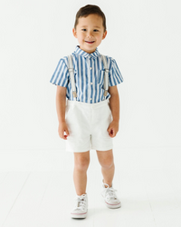 Baby Kids Bamboo Pajamas — Blue Stripe Boy's Button Down Shirt — Image 1