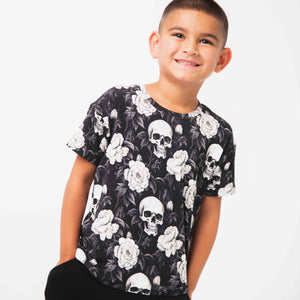 Baby Kids Bamboo Pajamas — Bones and Roses T-Shirt — Image 1