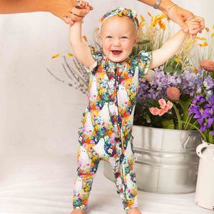 Baby Kids Bamboo Pajamas — Boo-tiful Blooms Cap Sleeve Romper — Image 1