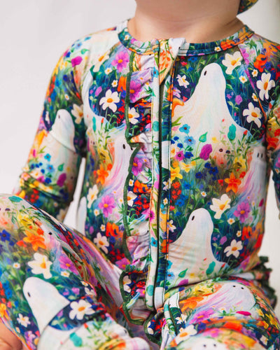 Baby Kids Bamboo Pajamas — Boo-tiful Blooms Convertible Ruffle Romper — Image 1