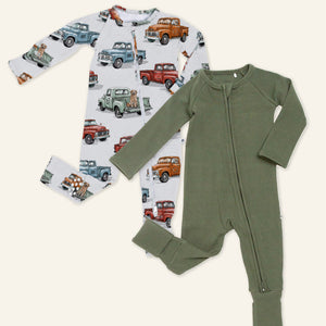 Baby Kids Bamboo Pajamas — Sage the Day + Ruff Ride Convertible Rompers Bundle — Image 1