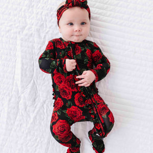 Baby Kids Bamboo Pajamas — Bums & Roses Ruffle Footie — Image 9