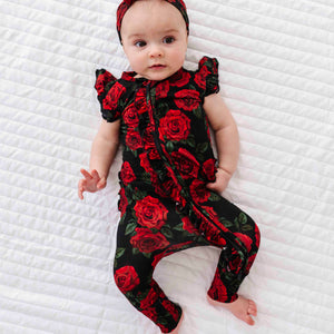 Baby Kids Bamboo Pajamas — Bums & Roses Cap Sleeve Romper — Image 1