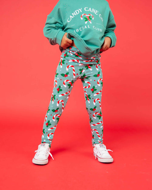 Baby Kids Bamboo Pajamas — Candy Cane Lane Crew Neck Sweatshirt & Leggings Set — Image 3