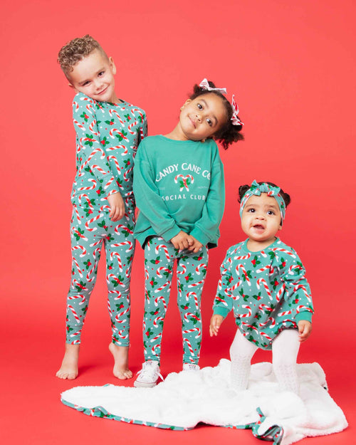 Baby Kids Bamboo Pajamas — Candy Cane Lane Crew Neck Sweatshirt & Leggings Set — Image 7