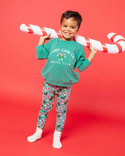 Baby Kids Bamboo Pajamas — Candy Cane Lane Crew Neck Sweatshirt & Leggings Set — Image 1