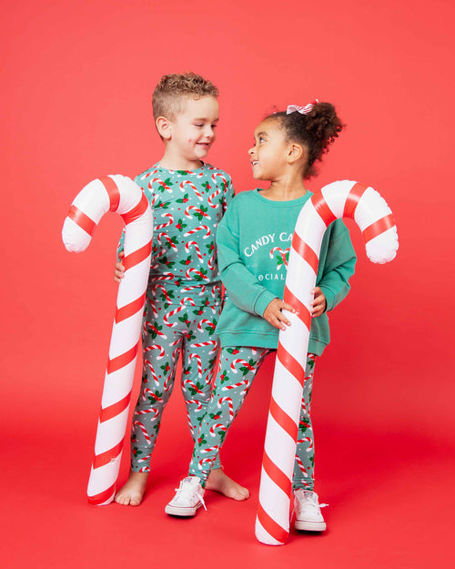 Baby Kids Bamboo Pajamas — Candy Cane Lane Crew Neck Sweatshirt & Leggings Set — Image 9