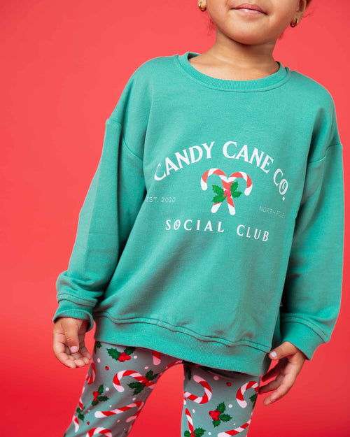 Baby Kids Bamboo Pajamas — Candy Cane Lane Crew Neck Sweatshirt & Leggings Set — Image 4