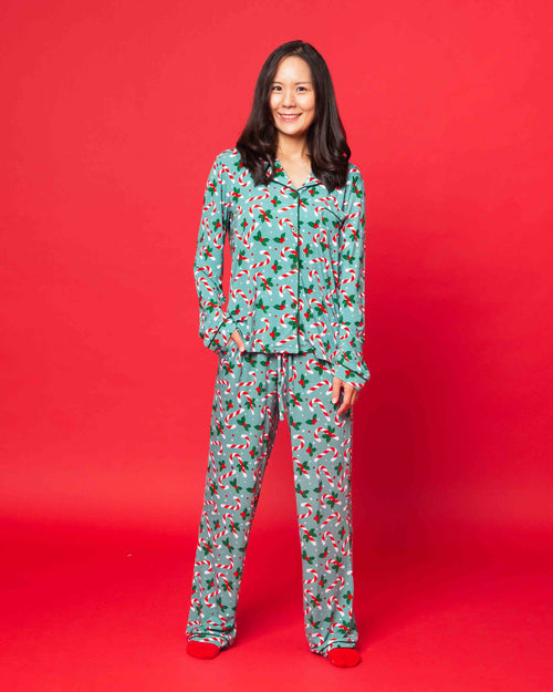 Baby Kids Bamboo Pajamas — Candy Cane Lane Women's Long Sleeve Collar Shirt & Pants Pajama Set — Image 2