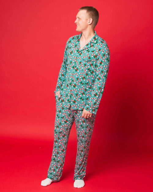 Baby Kids Bamboo Pajamas — Candy Cane Lane Men's Collar Shirt & Pants Set — Image 1